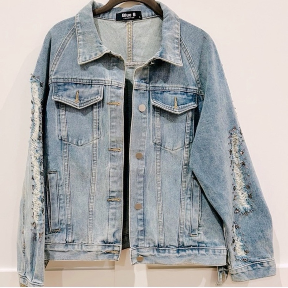 Blue B Collection Embellished Beaded Rhinestone Jean Jacket (L)